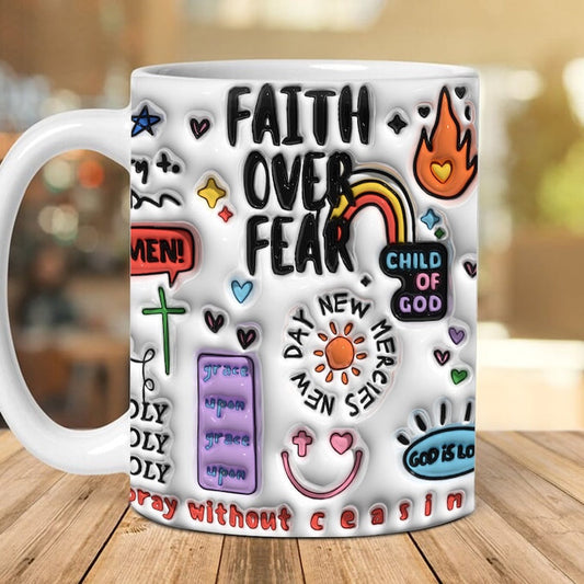 Christian 3D Mug, 3D Faith Over Fear Inflated Mug, Retro Christian Inflated Mug, Bible Verse Inflated Mug, 3D Jesus Mug, Religious 3D Mug