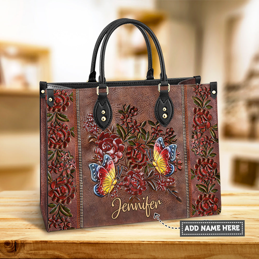 Personalized Butterfly Gorgeous Flower Leather Bag, Women's Pu Leather Bag, Best Mother's Day Gifts