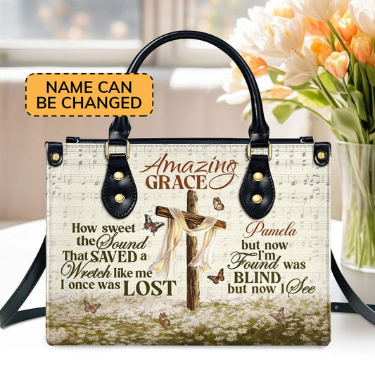Personalized Christian Leather Bag, Amazing Grace I'm Found Was Blind But Now I See Leather Handbag, Faith Handbag