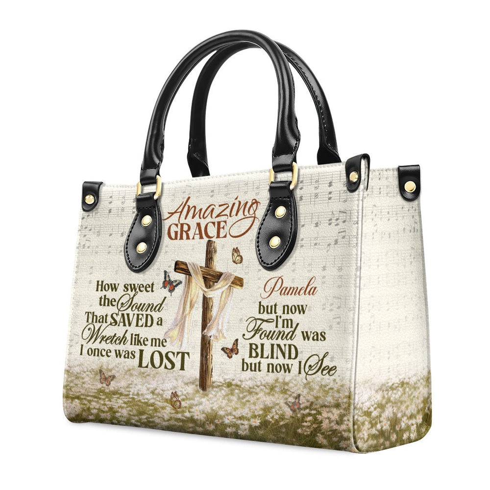 Personalized Christian Leather Bag, Amazing Grace I'm Found Was Blind But Now I See Leather Handbag, Faith Handbag