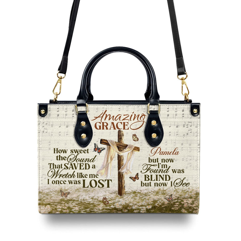 Personalized Christian Leather Bag, Amazing Grace I'm Found Was Blind But Now I See Leather Handbag, Faith Handbag