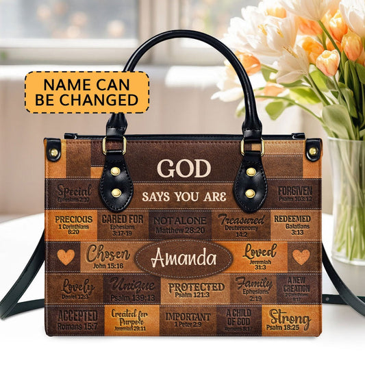 Personalized Christian Leather Bag, God Says I Am Leather Handbag Gift For Her, Faith Handbag