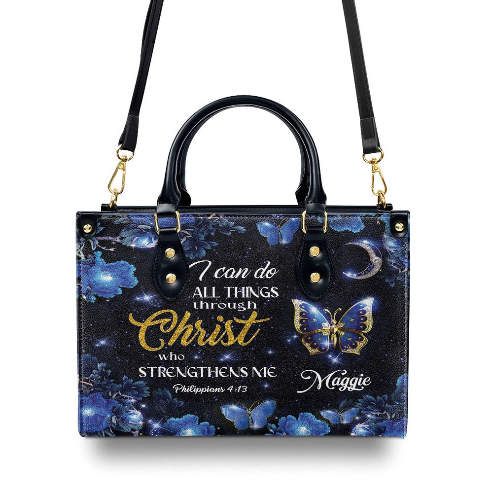 Personalized Christian Leather Bag, I Can Do All Things Through Christ - Pretty Personalized Leather Handbag, Faith Handbag