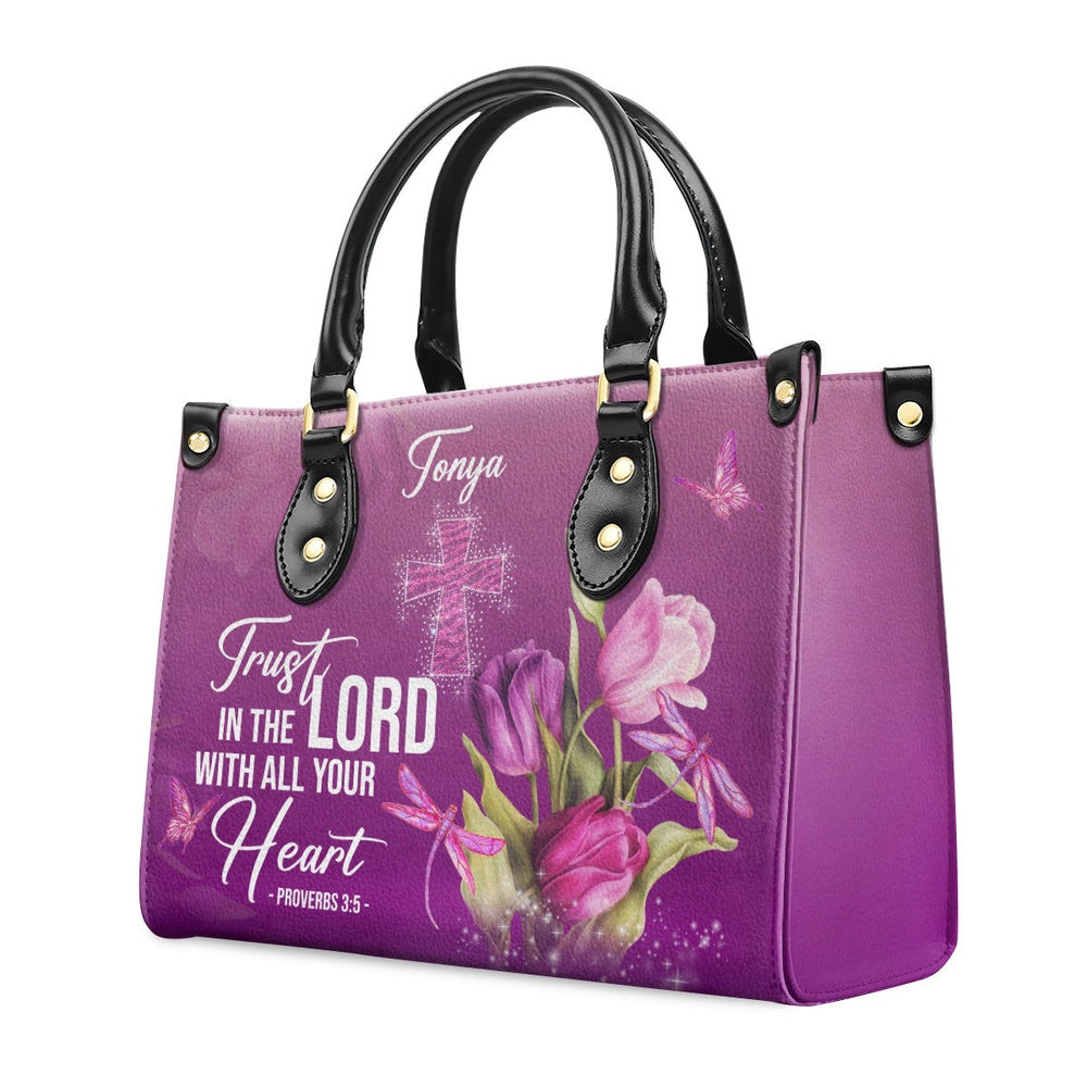 Personalized Christian Leather Bag, Trust In The Lord With All Your Heart Proverbs 35 Tulip And Cross Leather Handbag, Faith Handbag
