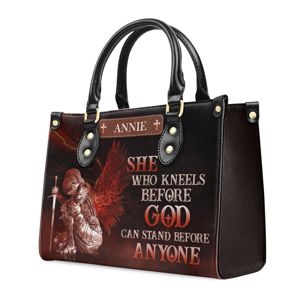Personalized Christian Leather Bag, Who Kneels Before God Can Stand Before Anyone Leather Handbag, Faith Handbag