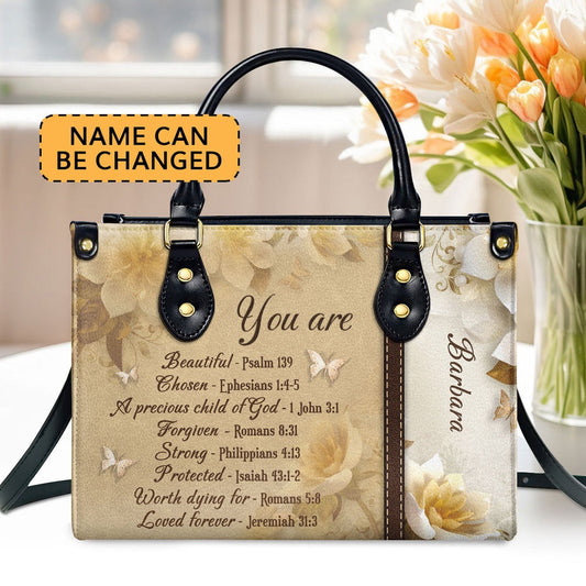 Personalized Christian Leather Bag, You Are Protected - Beautiful Personalized Flower Leather Handbag, Faith Handbag