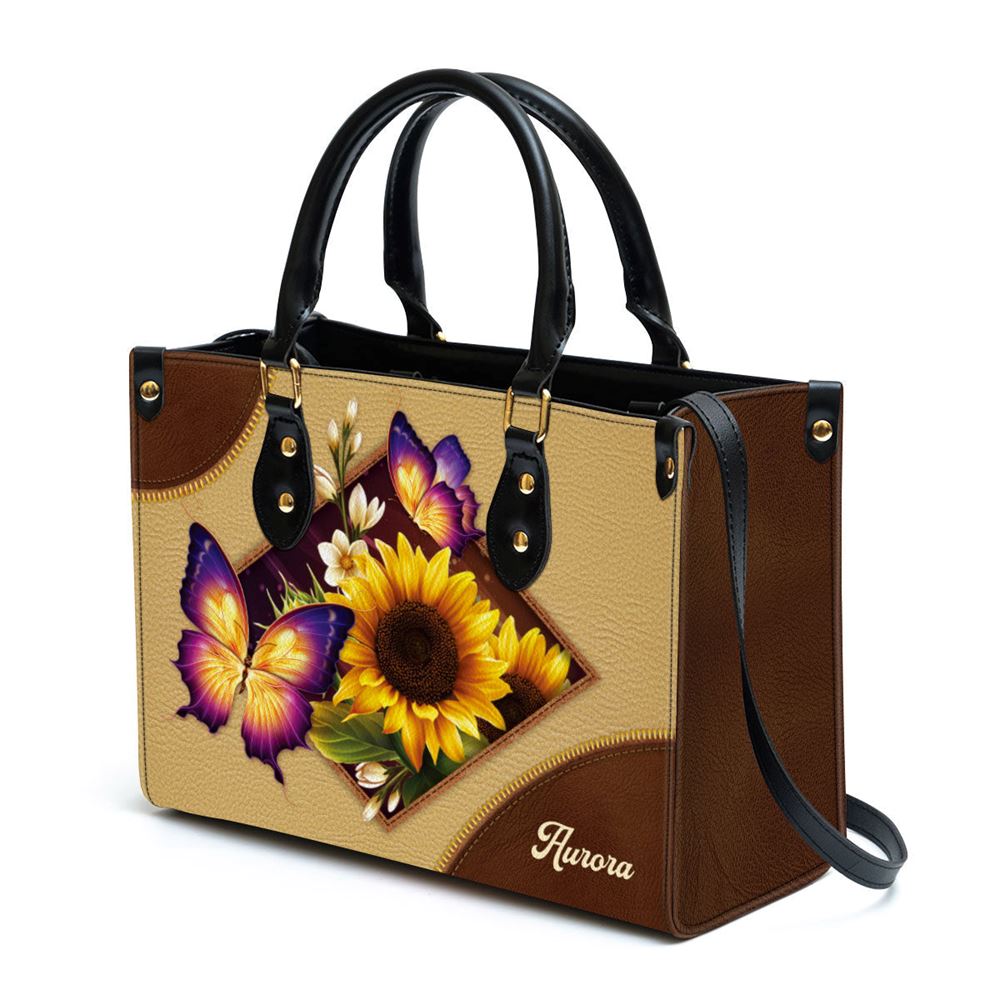 Personalized Sunflower And Butterfly Leather Handbag, Gifts For Women Of God