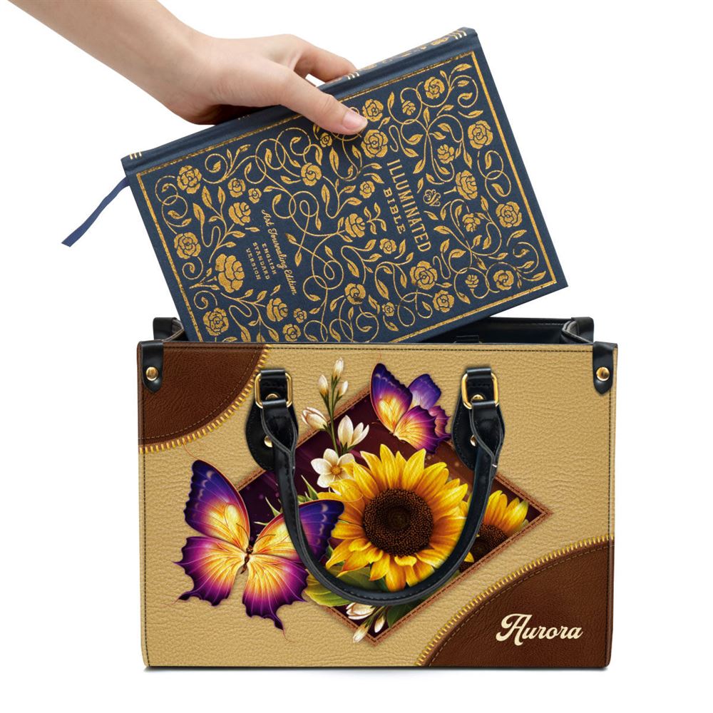 Personalized Sunflower And Butterfly Leather Handbag, Gifts For Women Of God