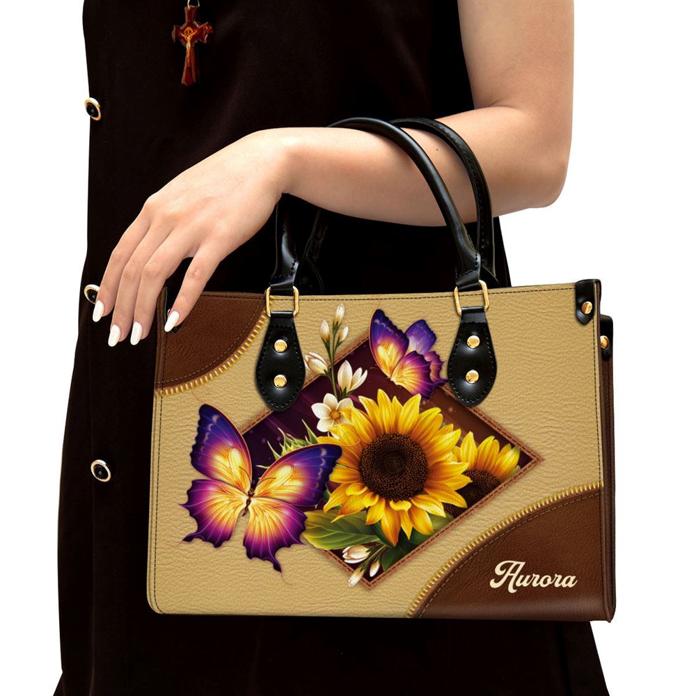Personalized Sunflower And Butterfly Leather Handbag, Gifts For Women Of God