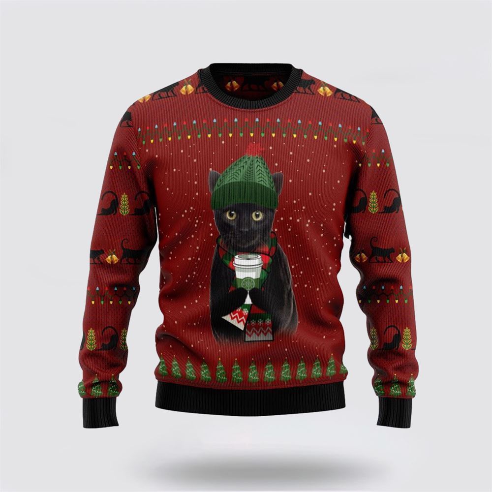 Pet Cat Sweater, Black Cat Coffee Ugly Christmas Sweater, Gift For Cat Love, Cat Crewneck Sweater, Winter Fashion
