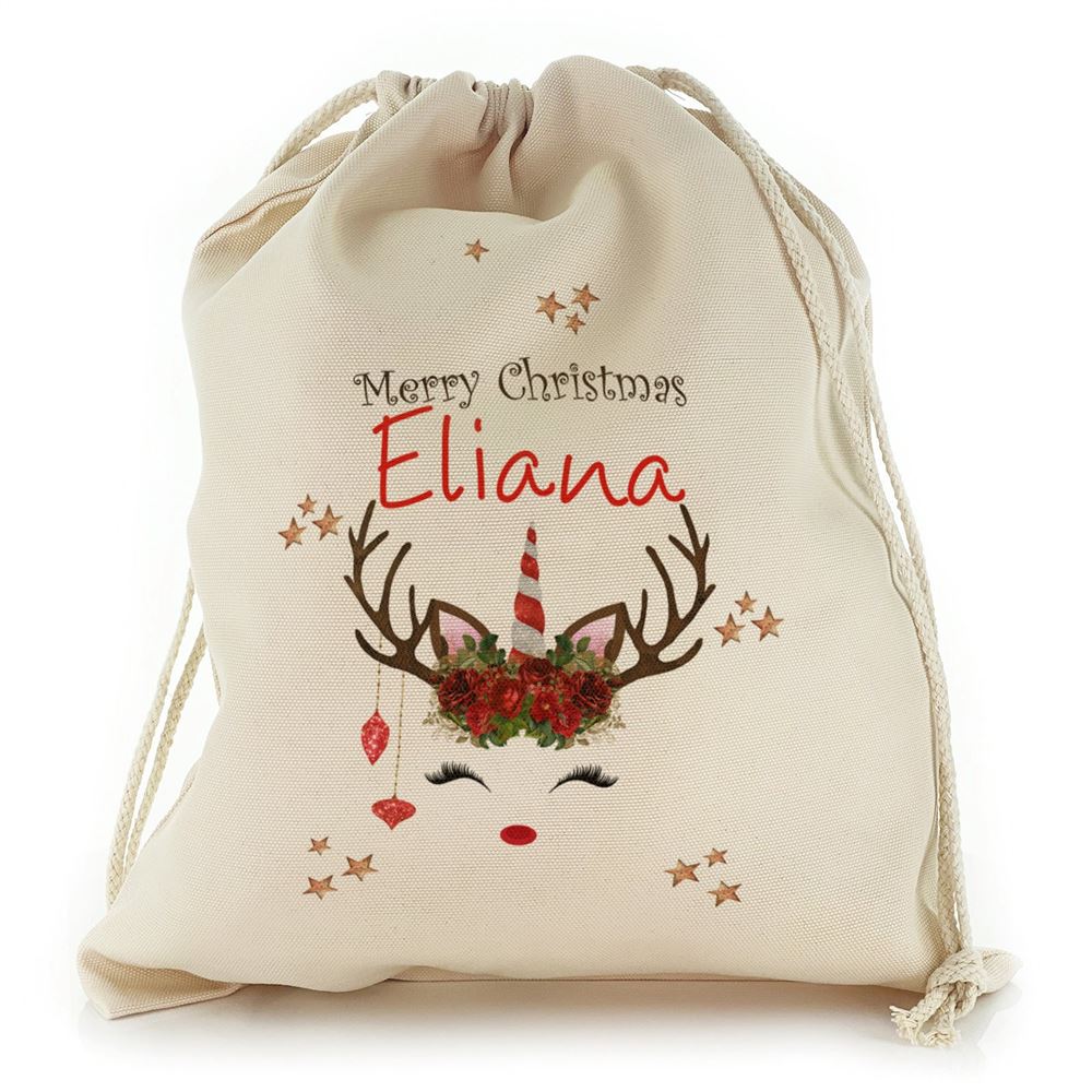 Red Text and Red White Spiral Rose Reindeer Unicorn Christmas Sack, Gift For Chidren, Christmas Bag Gift, Christmas Gift 2023