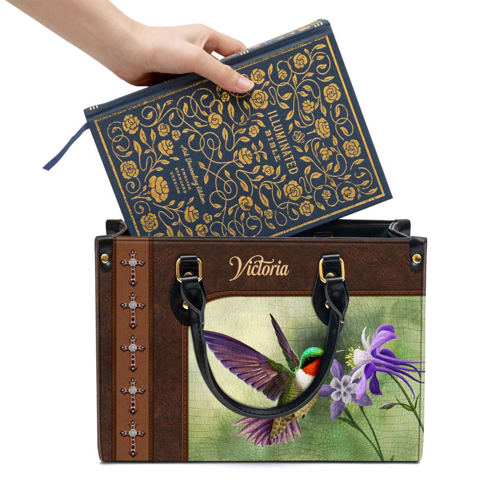 Ruby-throated Hummingbird Leather Bag, Personalized Leather Bag With Handle For Christian Women
