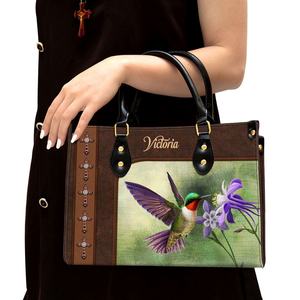 Ruby-throated Hummingbird Leather Bag, Personalized Leather Bag With Handle For Christian Women
